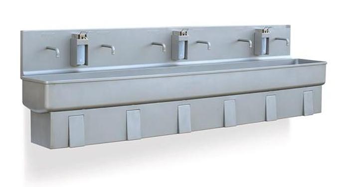 Roser Model 428 Wall Mounted Knee Operated 6 Station Washbasin with Soap Dispenser
