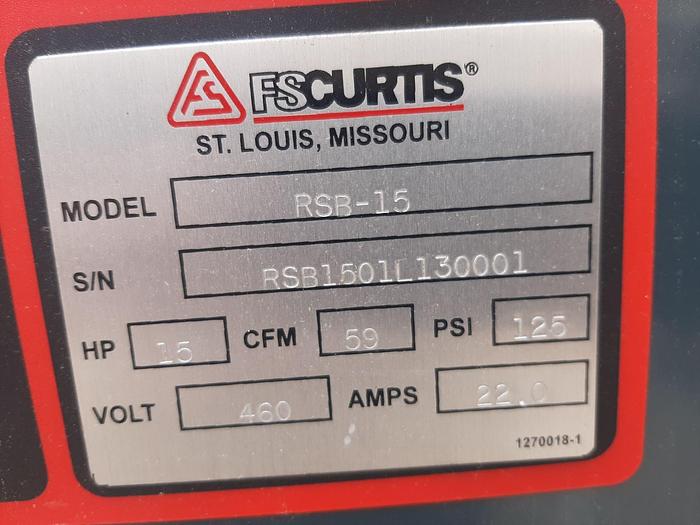 Used Compressor, Air, 15 HP, FS Curtis, 59 CFM, Mdl RSB15, Air Dryer #S744941