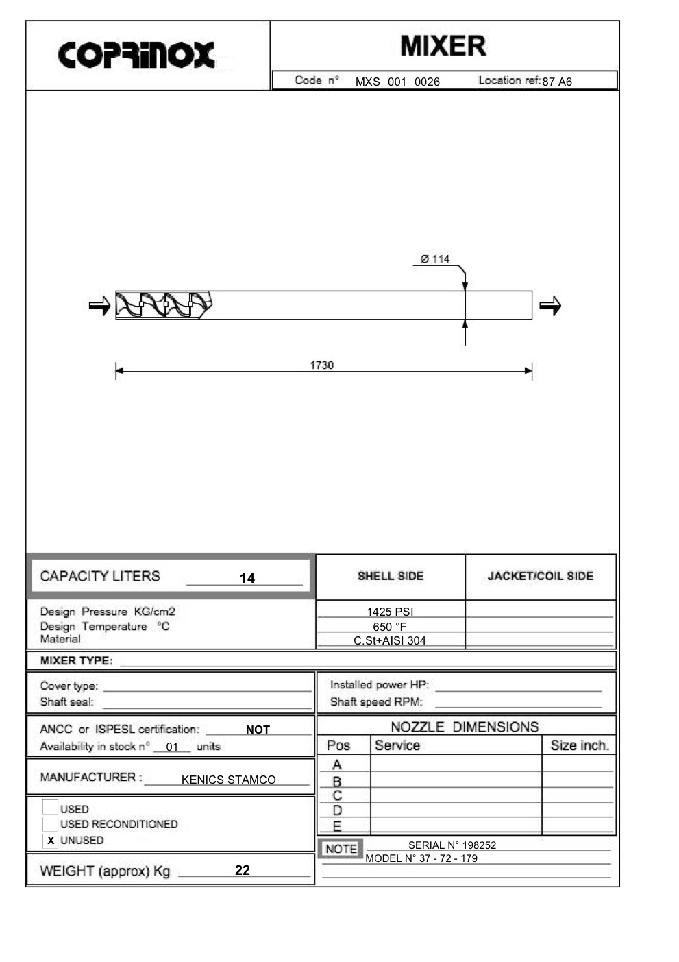 Usato Miscelatore KENICS STAMCO da 14 Litri