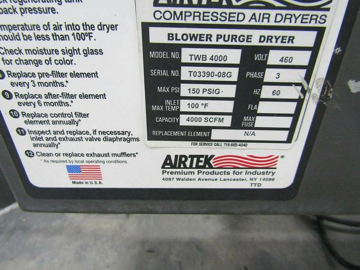 Refurbished AIR/TEK regenerative desiccant Air dryer heated blower purge 4000 cfm
