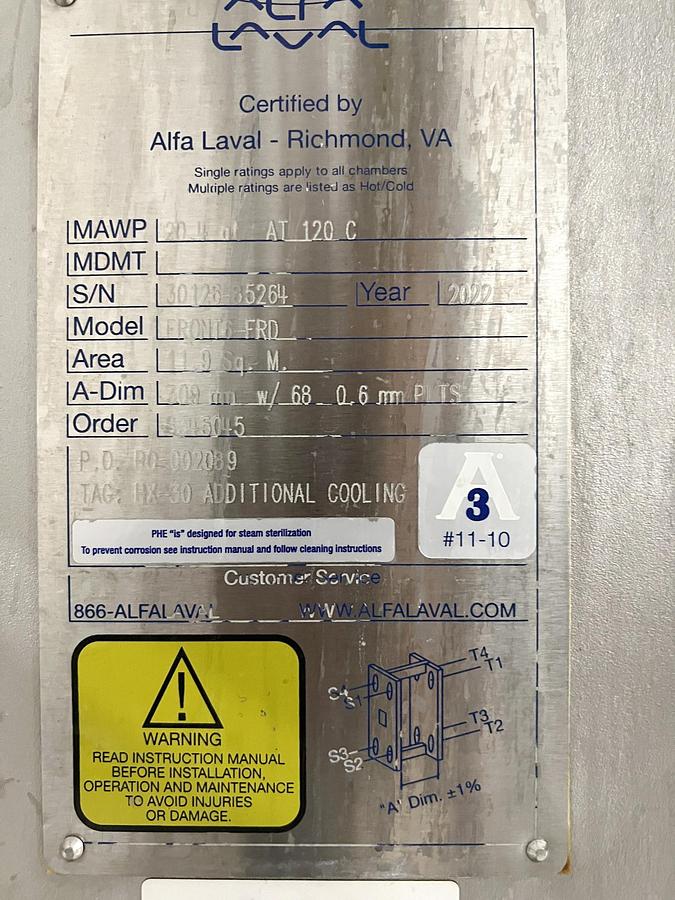 Used Used Alfa Laval Plate Heat Exchanger, Model Front6-FRD, 128.1 Sq.ft