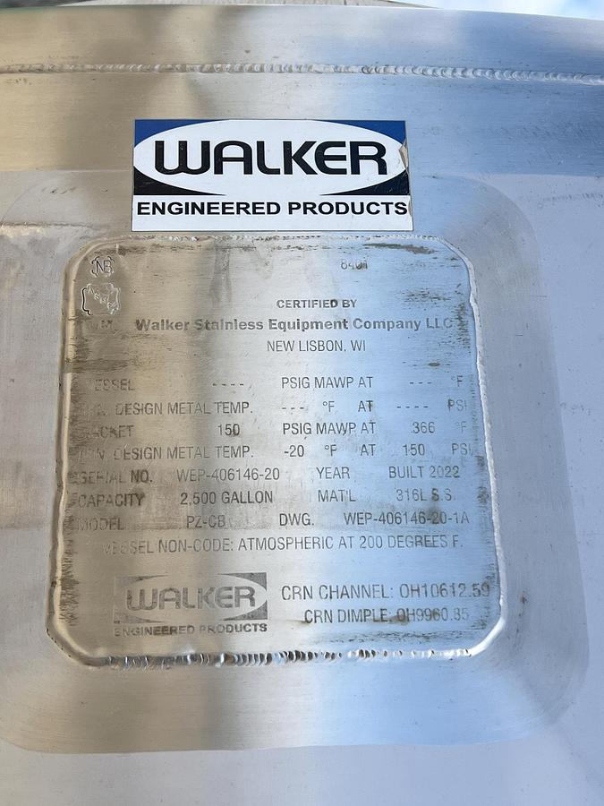 Used Unused 2500 Gallon Jacketed Tank, 316L Stainless Steel, With Scrape Agitation