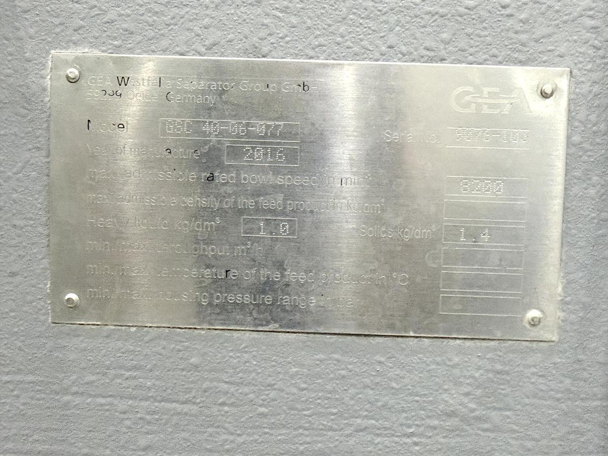 Used Used GEA Westfalia Clarifier Skid, Model GSC 18-06-577