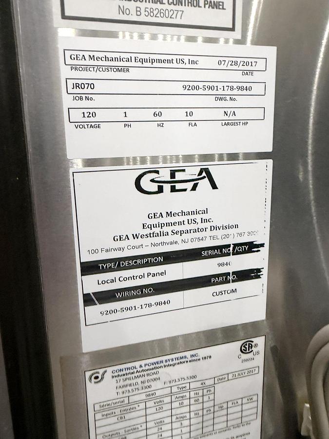 Used Used GEA Westfalia Clarifier Skid, Model GSC 18-06-577