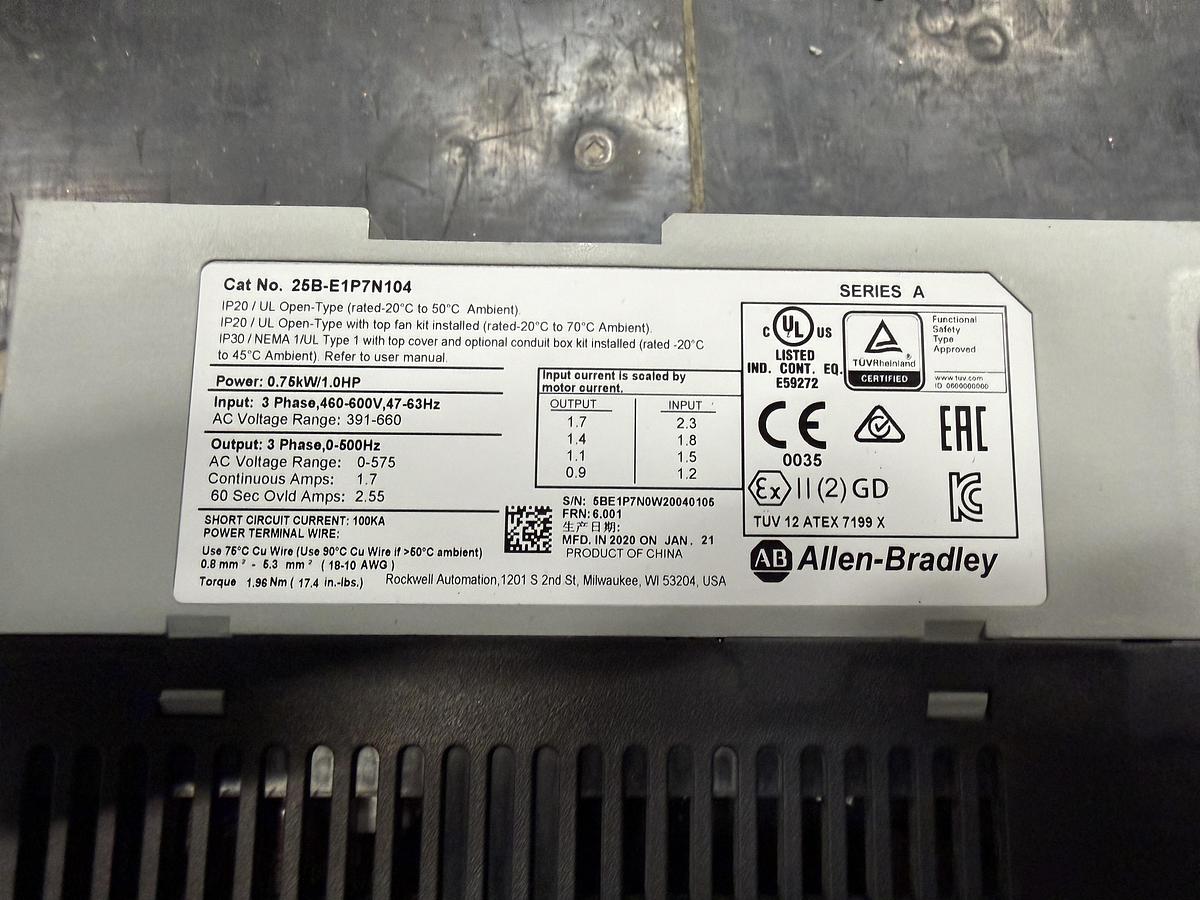 Used Used Allen-Bradley Variable Frequency Drive, Model 25B-E1P7N104, 1 HP, 460-600V