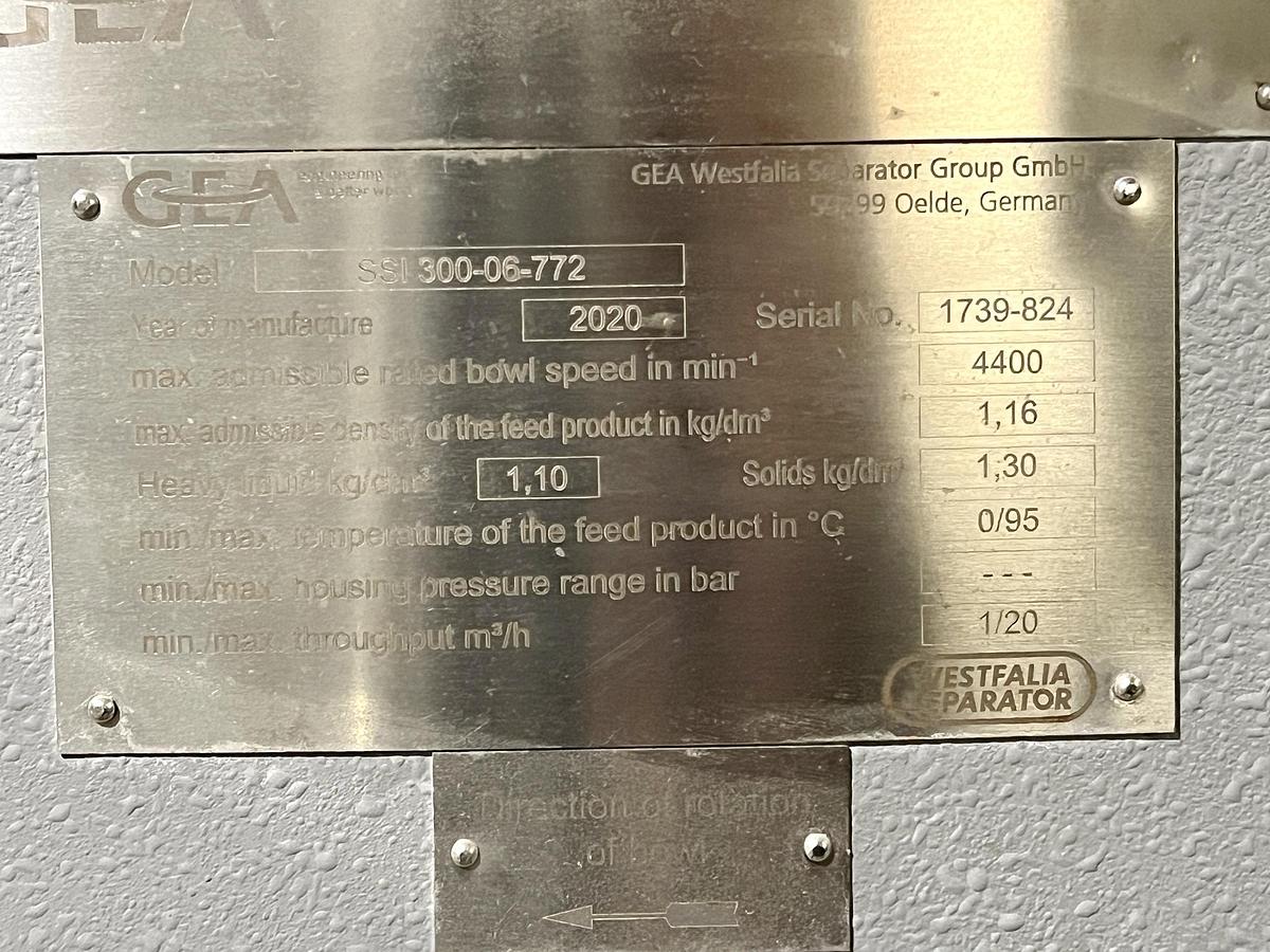 Used Used GEA Westfalia Disc Stack Centrifuge, Model SSI-300-06-772