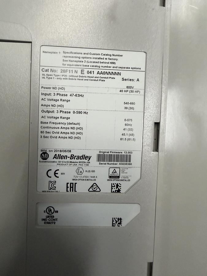 Used Used Allen-Bradley Variable Frequency Drive, Model 20F11NE041 AA0NNNNN, 40 HP, 600V