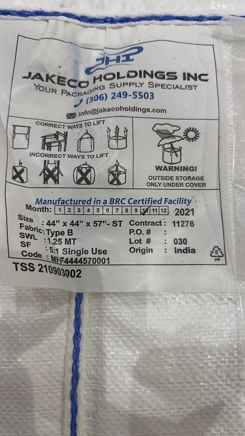Used Unused Jakeco Holdings Bulk Tote Bags, Capacity 1.25 MT
