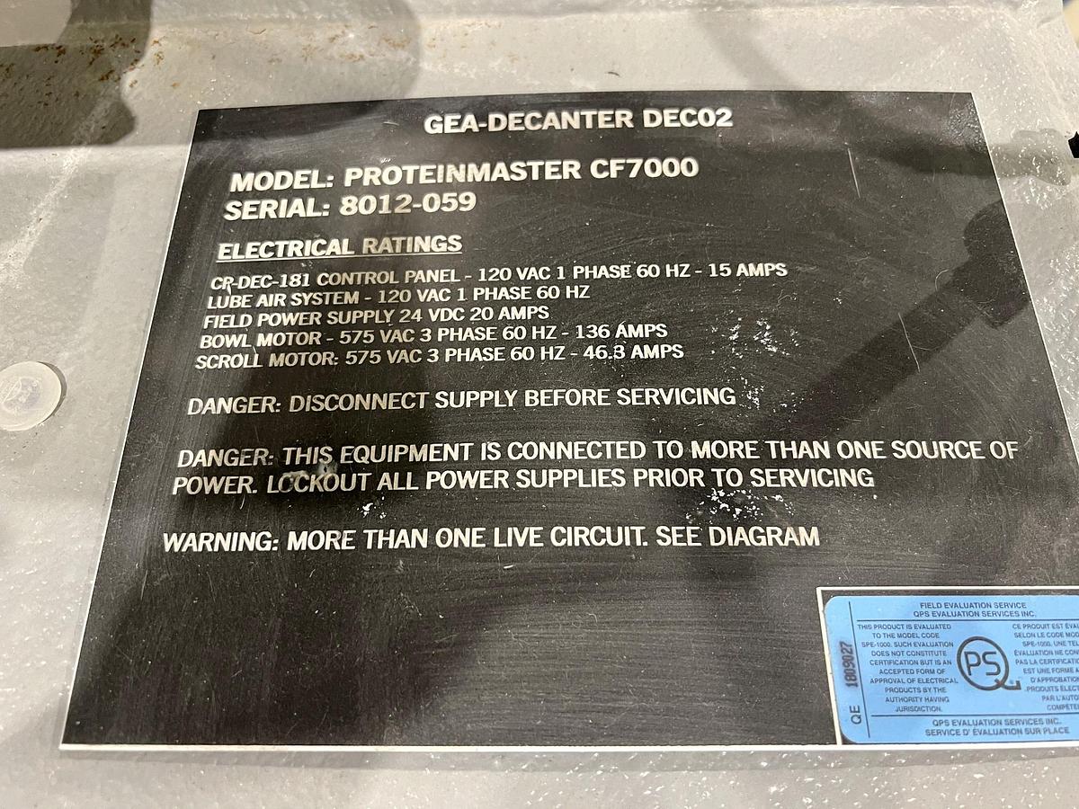 Used Used GEA Westfalia Decanter Centrifuge, Model Protein Master CF 7000