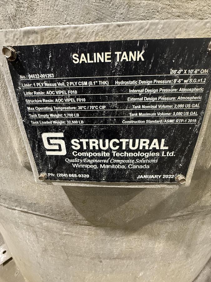 Used Used 3528 Gallon Tank, Fiberglass Reinforced Plastic Water Tank