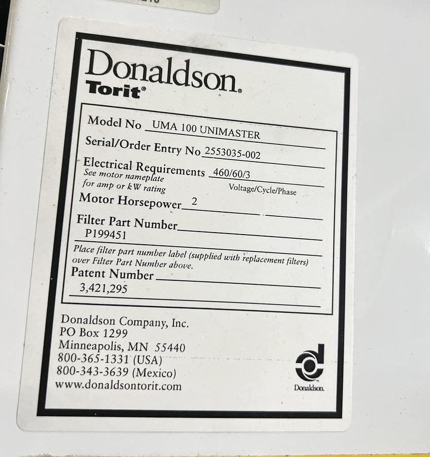 Used Used Donaldson Torit Dust Collector, Model UMA 100, 1000 CFM