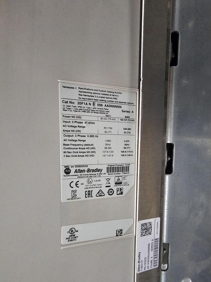 Used Used Allen-Bradley Variable Frequency Drive, Model 20F1ANE099 AA0NNNNN, 100 HP, 600V
