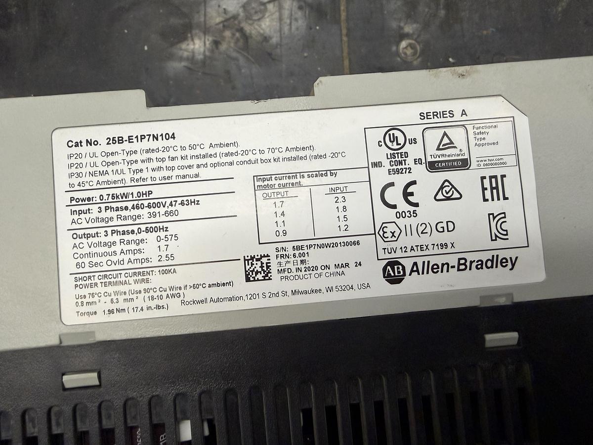 Used Used Allen-Bradley Variable Frequency Drive, Model 25B-E1P7N104, 1 HP, 460-600V