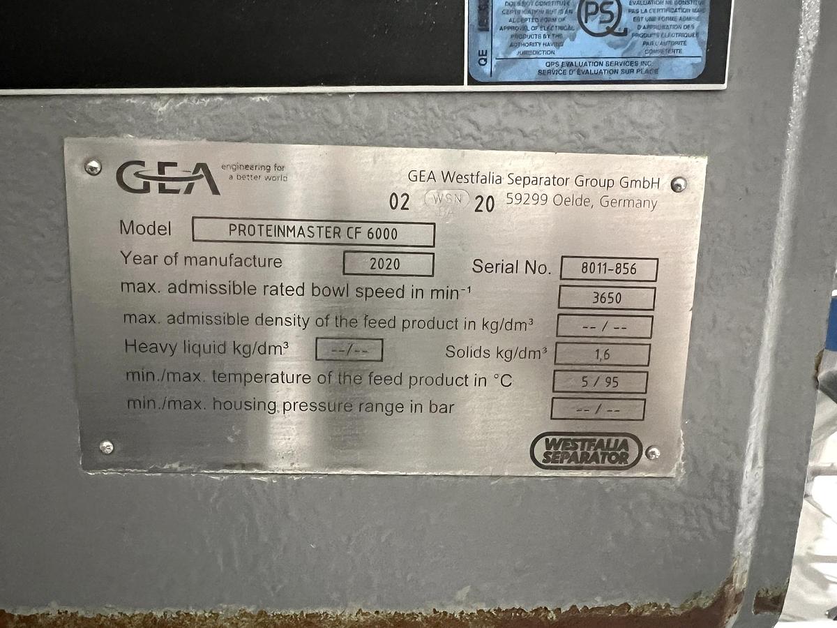 Used Used GEA Westfalia Decanter Centrifuge, Model Protein Master CF 6000