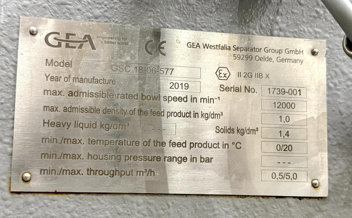 Used Used GEA Westfalia Clarifier Skid, Model GSC 18-06-577