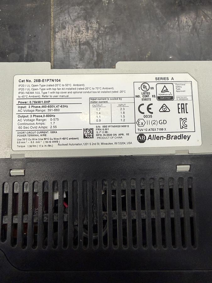 Used Used Allen-Bradley Variable Frequency Drive, Model 25B-E1P7N104, 1 HP, 460-600V