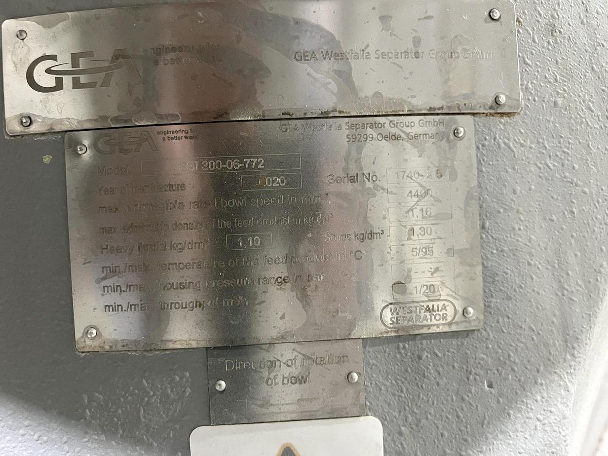 Used Used GEA Westfalia Disc Stack Centrifuge, Model SSI-300-06-772