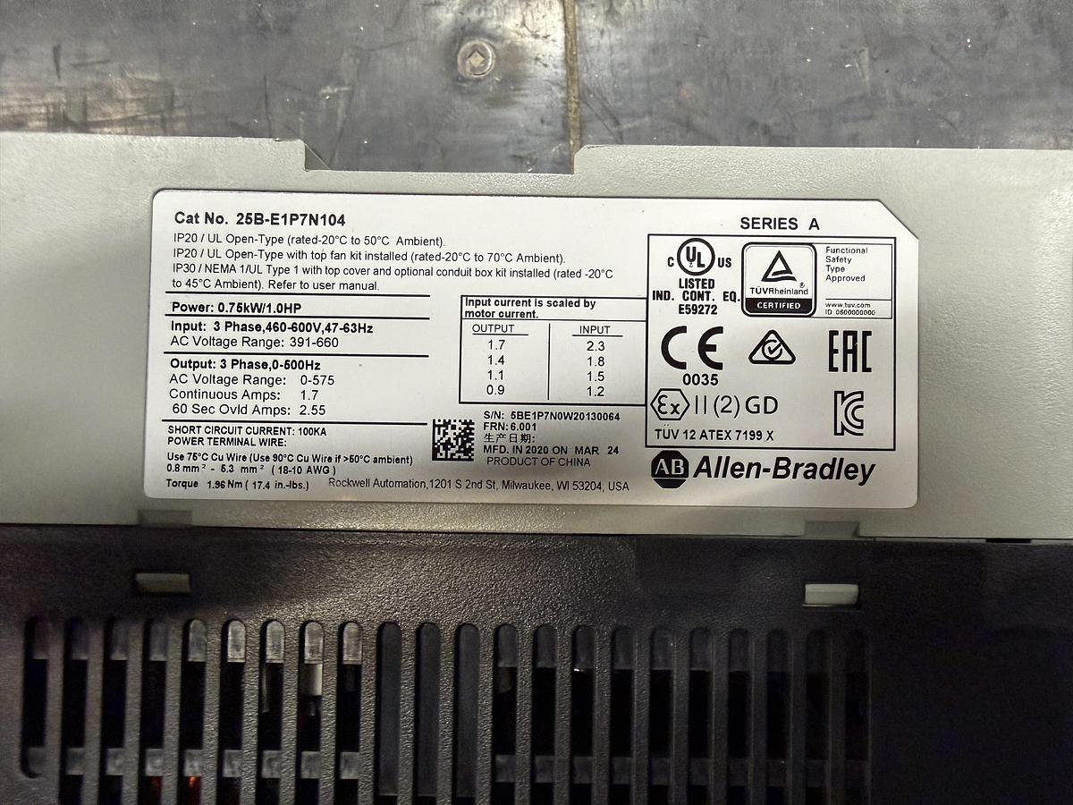 Used Used Allen-Bradley Variable Frequency Drive, Model 25B-E1P7N104, 1 HP, 460-600V