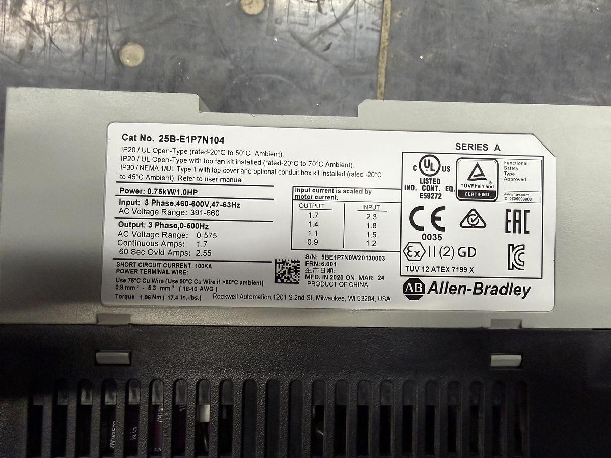 Used Used Allen-Bradley Variable Frequency Drive, Model 25B-E1P7N104, 1 HP, 460-600V