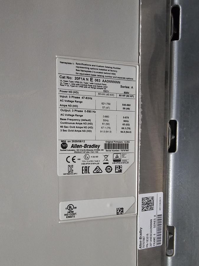Used Used Allen-Bradley Variable Frequency Drive, Model 20F1ANE063 AA0NNNNN, 60 HP, 600V - Quantity Available : 3