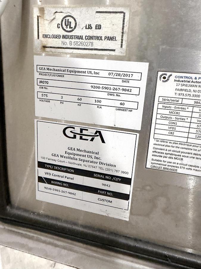 Used Used GEA Westfalia Clarifier Skid, Model GSC 18-06-577