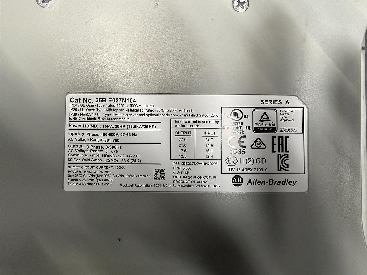 Used Used Allen-Bradley Variable Frequency Drive, Model 25B-E027N104, 20 HP, 460-600V