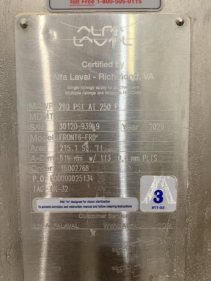 Used Used Alfa Laval Plate Heat Exchanger, Model Front6-FRD, 215.1 Sq.ft