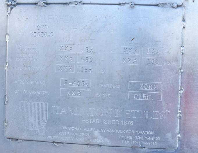 Used Used 500 Gallon Hamilton Jacketed Tank (Kettle), Evaporator