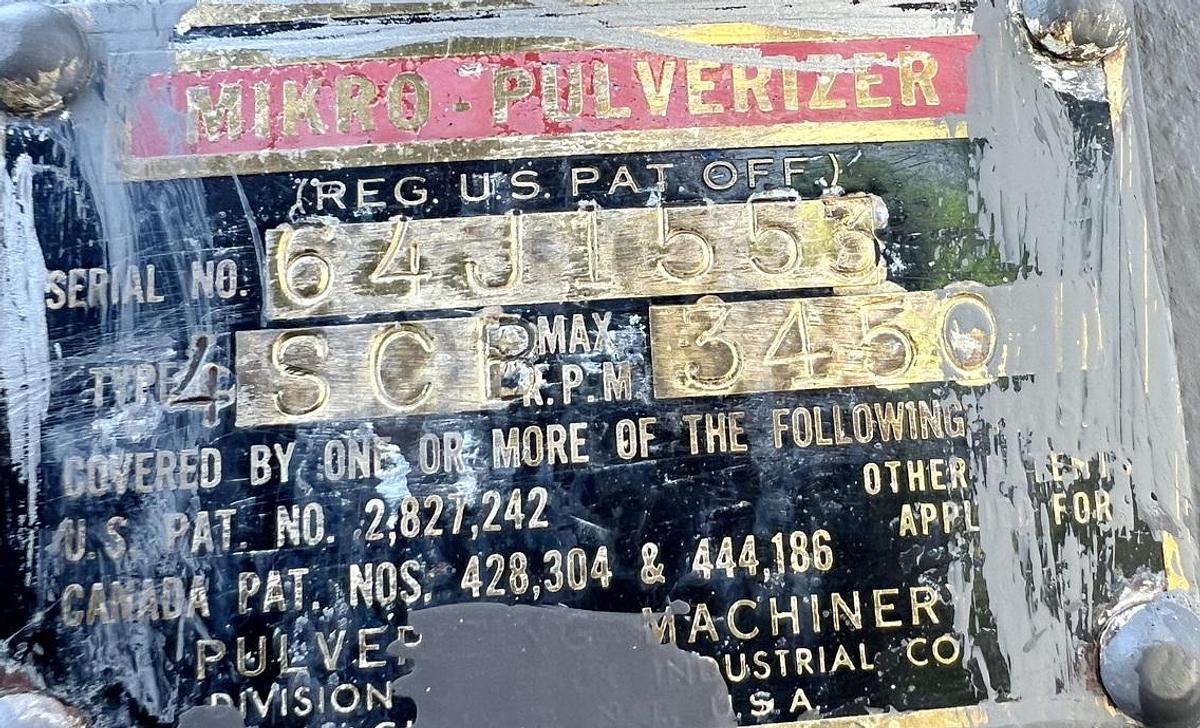 Used Used Mikro Pulverizer Hammermill, Swinging Hammers, 60 HP , With Screw Conveyor