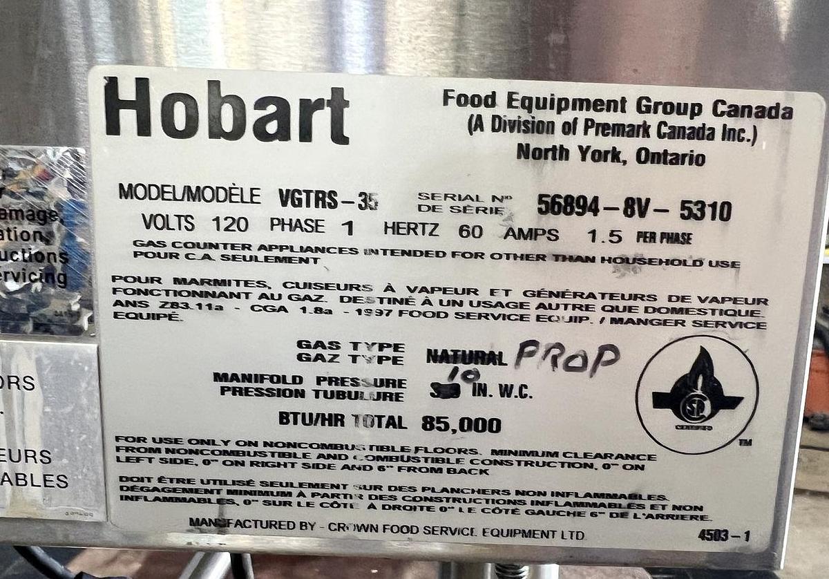 Used Used Hobart 35 Gallon Tilting Kettle, Stainless Steel, Gas Fired
