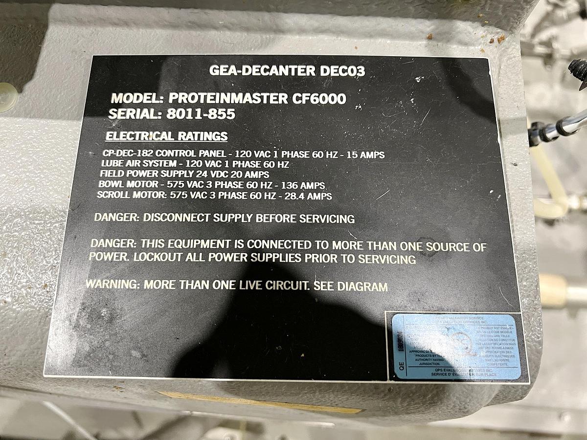 Used Used GEA Westfalia Decanter Centrifuge, Model Protein Master CF 6000