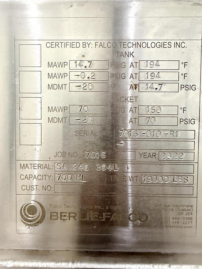 Used Used 18,492 Gallon Jacketed Tank (Reactor), 304 Stainless Steel