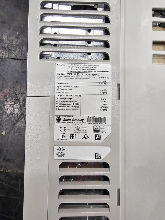 Used Used Allen-Bradley Variable Frequency Drive, Model 20F11NE1P7AA0NNNNN, 1 HP, 540-660V