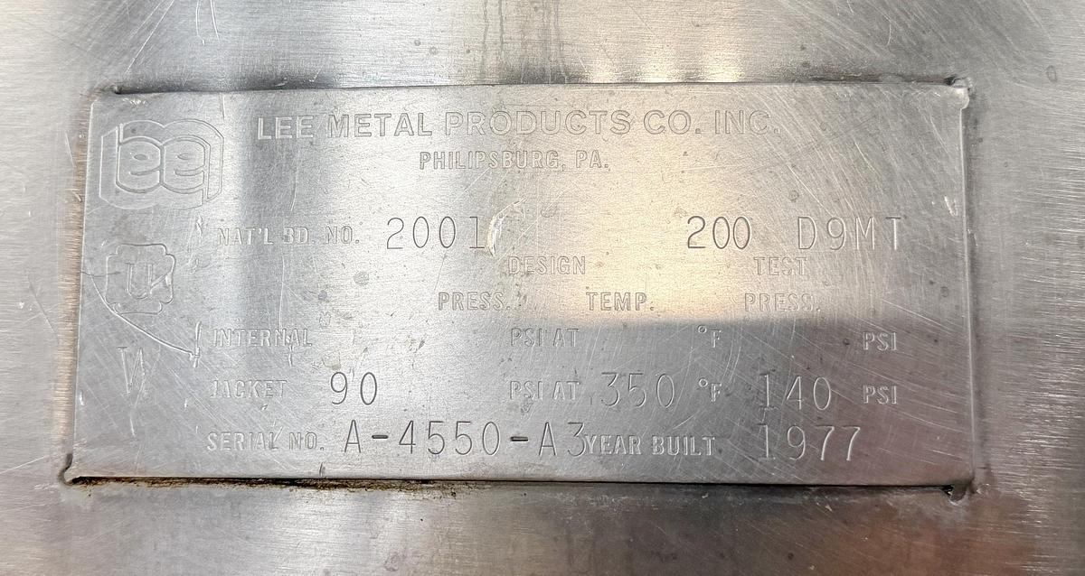 Used Used 200 Gallon Lee Industries Jacketed Kettle, Stainless Steel, With Scrape Agitation