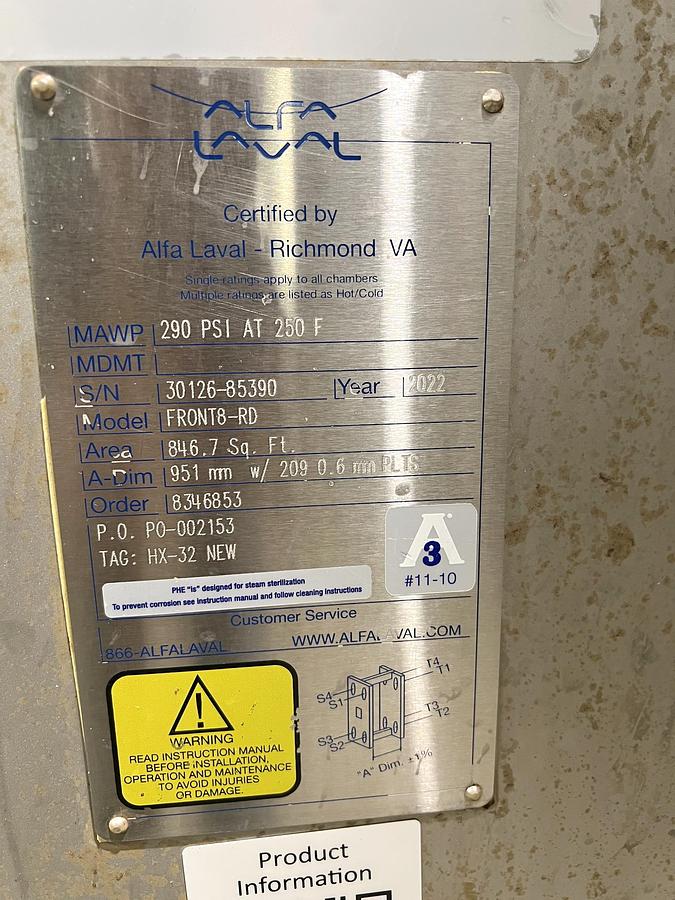 Used Used Alfa Laval Plate Heat Exchanger, Model Front8-FRD, 846.7 Sq.ft