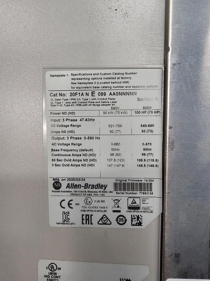 Used Used Allen-Bradley Variable Frequency Drive, 100 HP, 600V - Quantity Available : 3