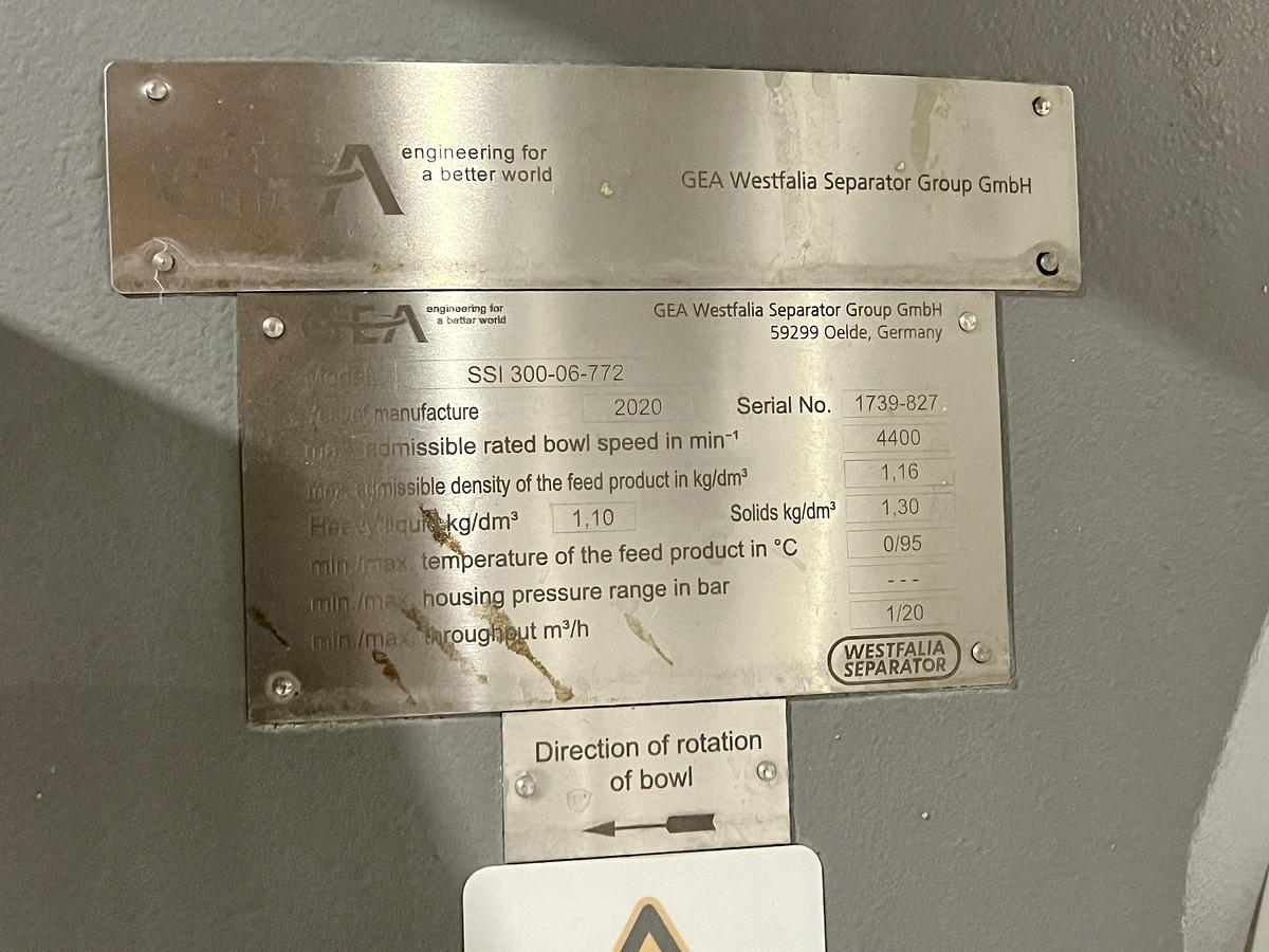 Used Used GEA Westfalia Disc Stack Centrifuge, Model SSI-300-06-772