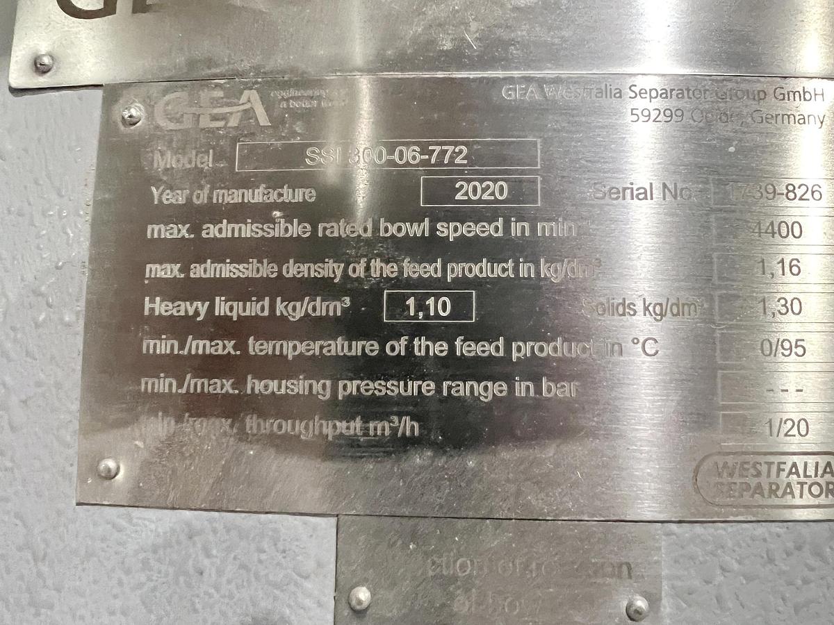 Used Used GEA Westfalia Disc Stack Centrifuge, Model SSI-300-06-772