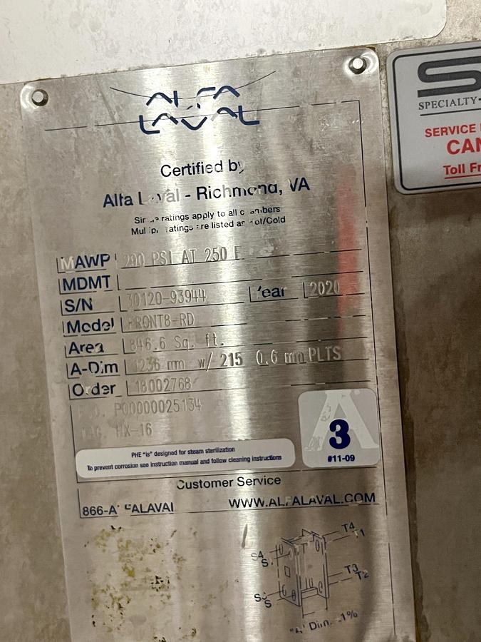 Used Used Alfa Laval Plate Heat Exchanger, Model Front8-FRD, 846.6 Sq.ft