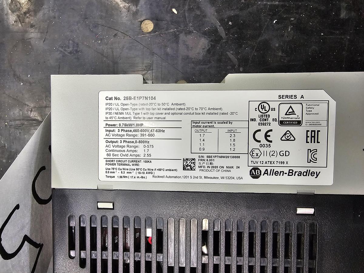 Used Used Allen-Bradley Variable Frequency Drive, Model 25B-E1P7N104, 1 HP, 460-600V