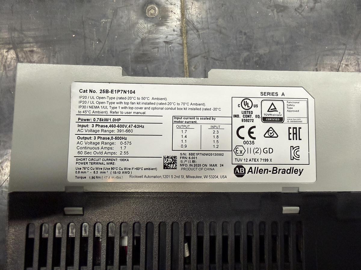 Used Used Allen-Bradley Variable Frequency Drive, Model 25B-E1P7N104, 1 HP, 460-600V