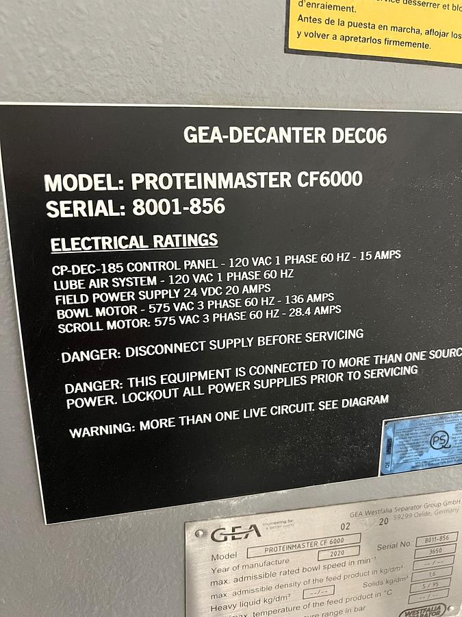 Used Used GEA Westfalia Decanter Centrifuge, Model Protein Master CF 6000