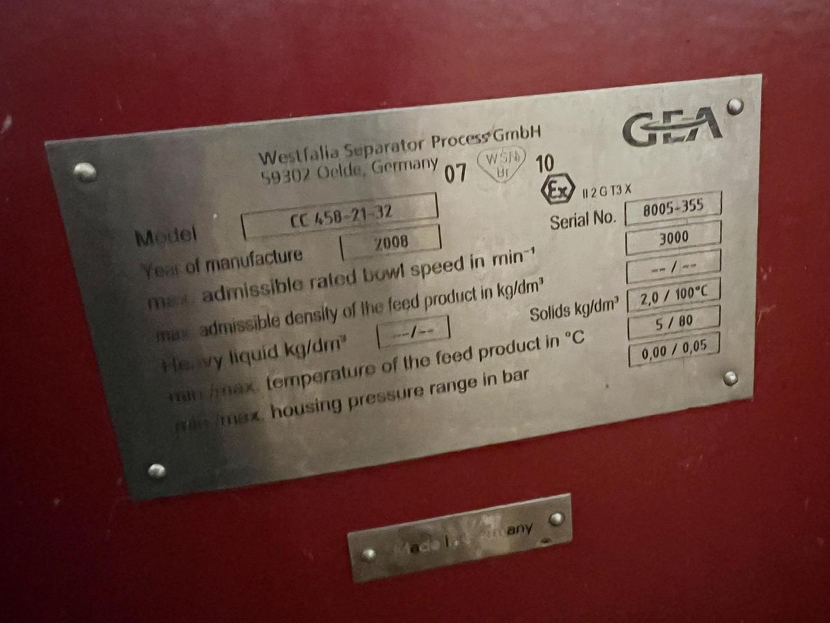 Used Used GEA Westfalia Decanter Centrifuge, Model CC 458-21-32