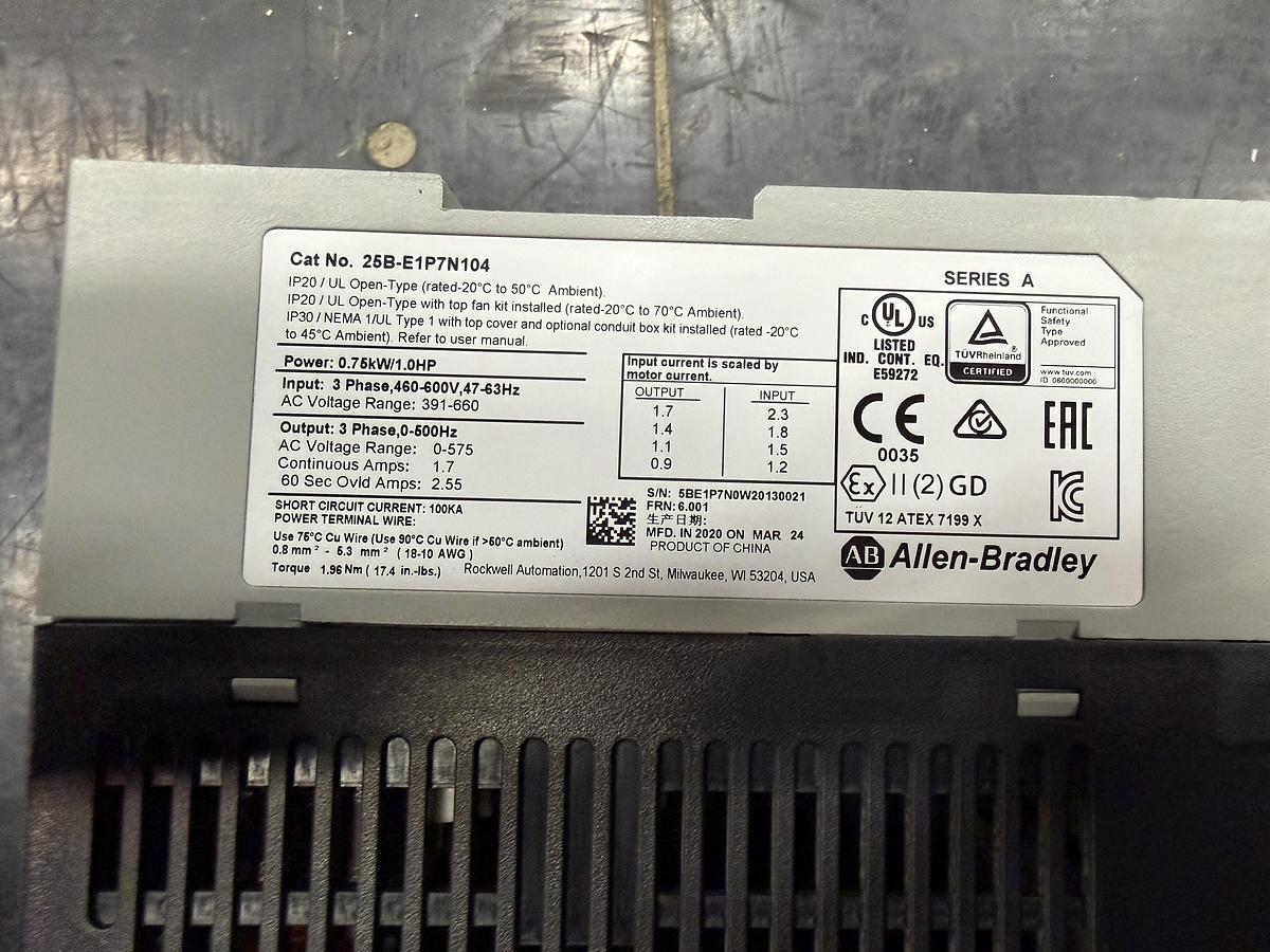 Used Used Allen-Bradley Variable Frequency Drive, Model 25B-E1P7N104, 1 HP, 460-600V