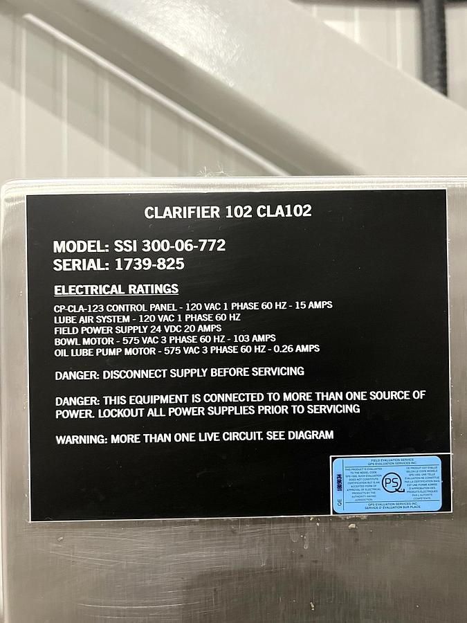 Used Used GEA Westfalia Disc Stack Centrifuge, Model SSI-300-06-772