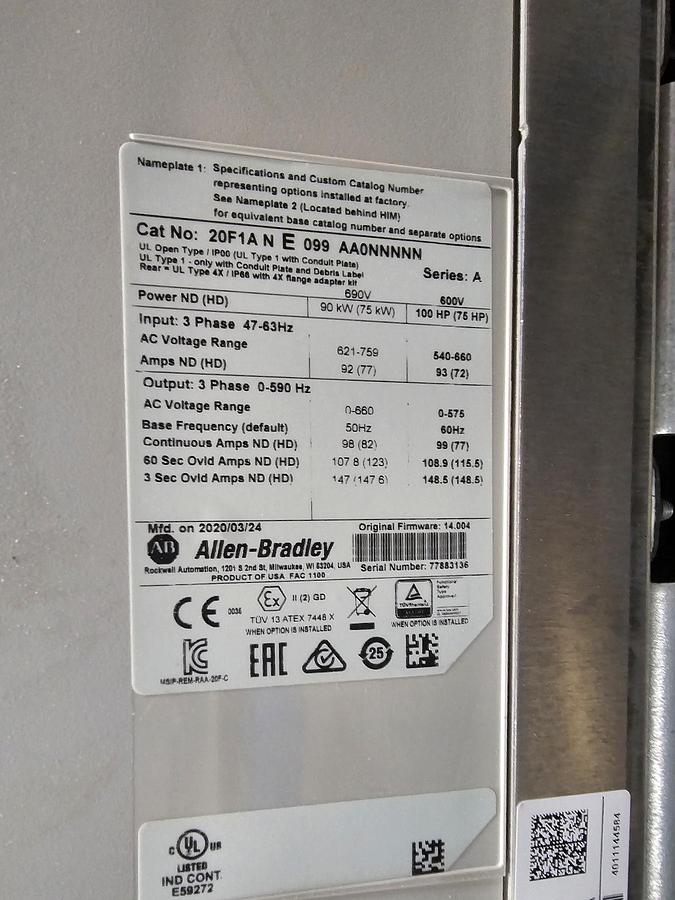 Used Used Allen-Bradley Variable Frequency Drive, Model 20F1ANE099 AA0NNNNN, 100 HP, 600V
