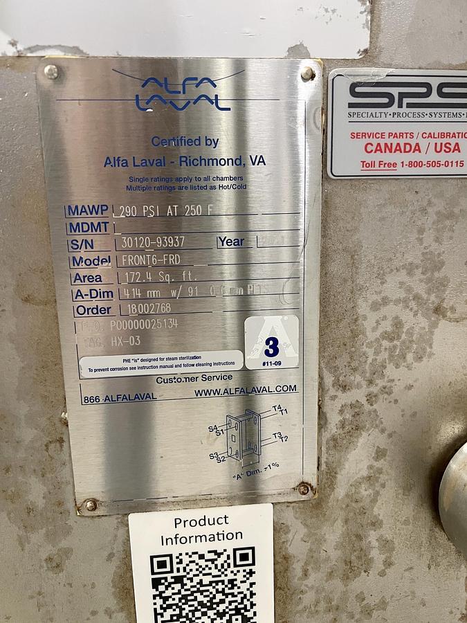 Used Used Alfa Laval Plate Heat Exchanger, Model Front6-FRD, 172.4 Sq.ft
