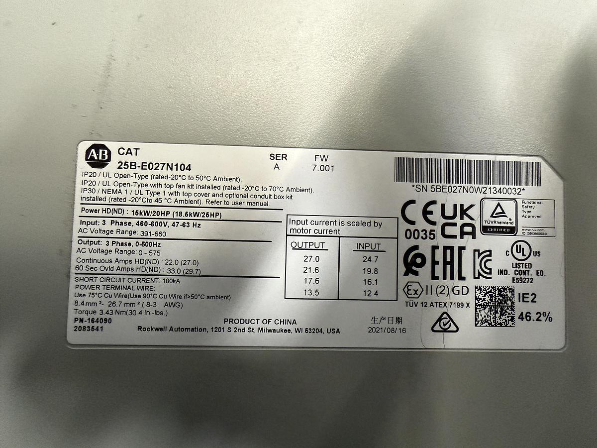 Used Used Allen-Bradley Variable Frequency Drive, Model 25B-E027N104, 20 HP, 460-600V