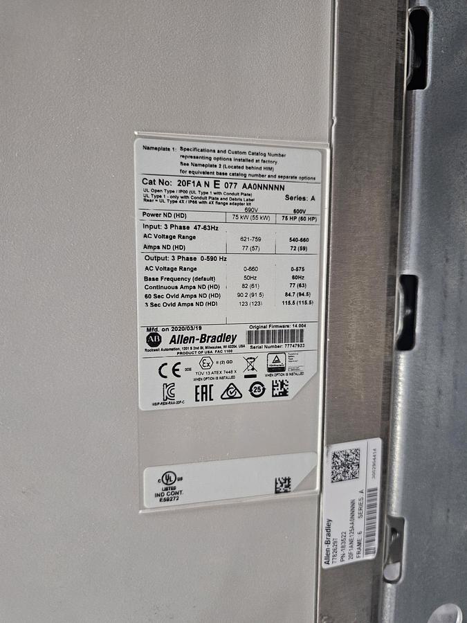 Used Used Allen-Bradley Variable Frequency Drive, Model 20F1ANE077 AA0NNNNN, 75 HP, 600V