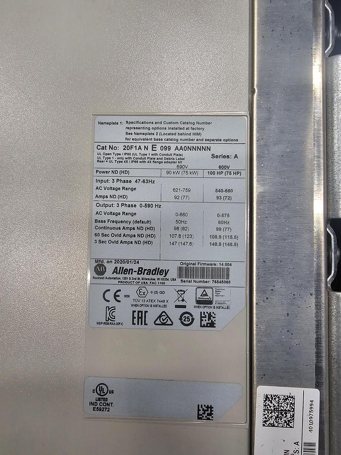 Used Used Allen-Bradley Variable Frequency Drive, Model 20F1ANE099 AA0NNNNN, 100 HP, 600V